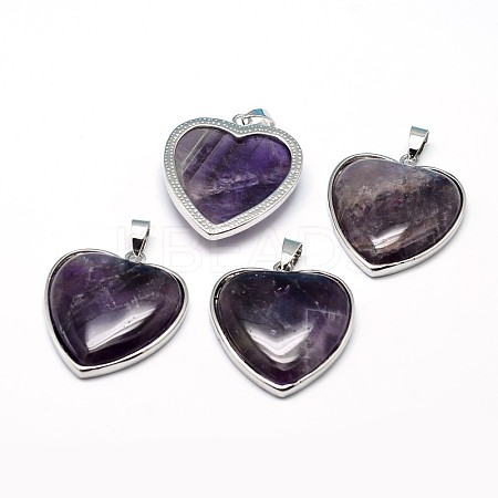 Heart Platinum Plated Brass Natural Amethyst Pendants G-F228-10B-RS-1