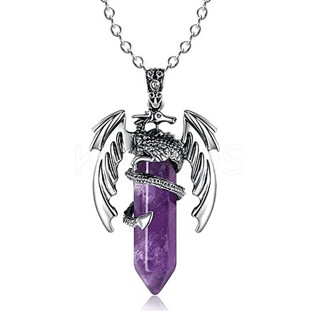 Natural Amethyst Bullet with Dragon Pendant Necklace with Zinc Alloy Chains LS-PW-WG99720-07-1