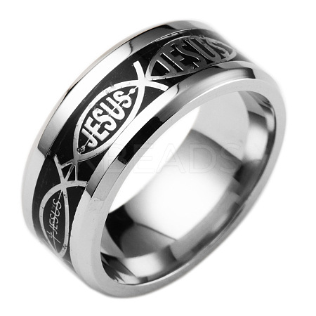 201 Stainless Steel Jesus Fish with Word Finger Ring EAER-PW0001-170C-02-1