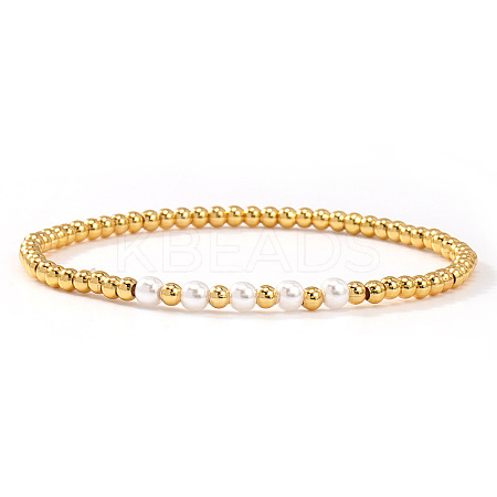 Brass & Plastic Imitation Pearl Round Beads Stretch Bracelets for Women TJ3268-4-1