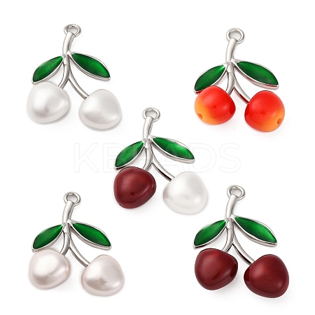 Brass Green Enamel & Plastic Cherry Pendants KK-I276-17P-1