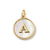 Brass Pave Natural Shell Flat Round with Letter A~Z Charms KK-Z115-13G-2