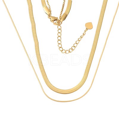 Ion Plating(IP) 304 Stainless Steel Round Snake & Herringbone Chains Double Layer Necklace for Men Women NJEW-E046-03G-1