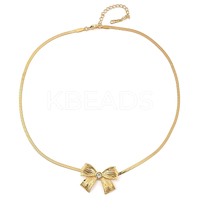 304 Stainless Steel Crystal Rhinestone Flat Snake Chain Bowknot Pendant Necklaces for Women NJEW-Z046-03G-1