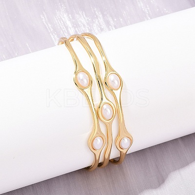22MM Brass & ABS Plastic Pearl 3 Line Cuff Bangles for Women LS-BJEW-L707-01G-1