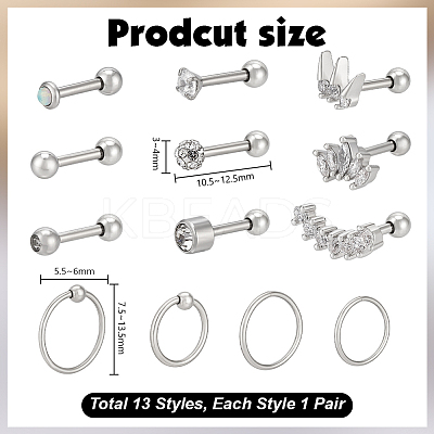 13 Pairs 13 Styles Stainless Steel Micro Pave Clear Cubic Zirconia Cartilage Earring Sets EJEW-PH0001-57-1