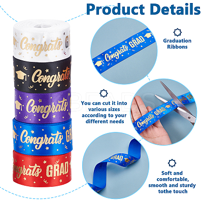 5 Rolls 5 Colors Gold Stamping Congrats Polyester Printed Ribbons OCOR-PH0004-41-1