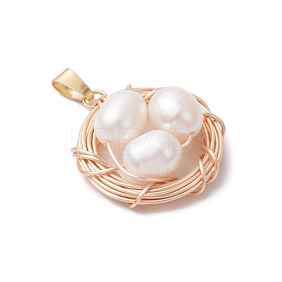 Natural Cultured Freshwater Pearl Copper Wire Wrapped Bird Egg Nest Pendants PALLOY-TA00228-02-1