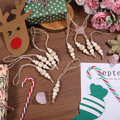 28Pcs 4 Styles Christmas Theme Wood Round Beaded with Word Pendant Decorations with Jute Cord HJEW-CA00079-1