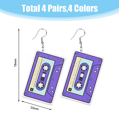 4 Pairs 4 Colors Acrylic Audio Tape Shape Dangle Earrings with 304 Stainless Steel Pins for Women EJEW-FI0003-26-1