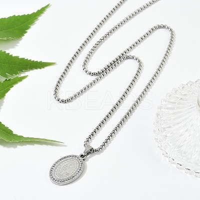 201 Stainless Steel Micro Pave Clear Cubic Zirconia Oval Pendant Box Chain Necklaces for Men NJEW-S387-02P-1