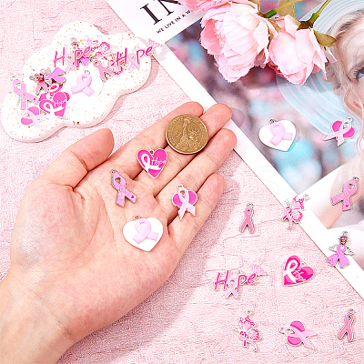 32Pcs 8 Styles Breast Cancer Pink Awareness Ribbon Theme Alloy Enamel Pendants ENAM-DC0001-75-1