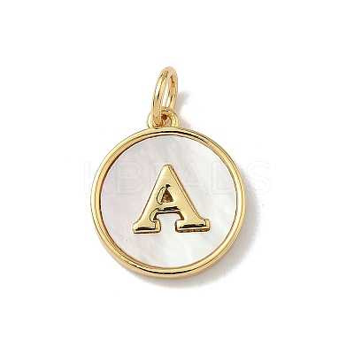 Brass Pave Natural Shell Flat Round with Letter A~Z Charms KK-Z115-13G-1