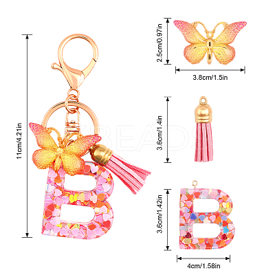 Fashion Alphabet Initial Letter Resin Keychain with Tassel Gradient Butterfly Pendant Key Ring KEYC-WH0027-105B-1