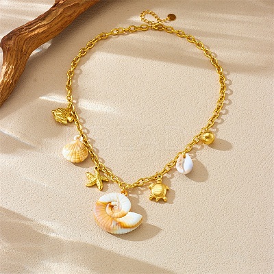 304 Stainless Steel Starfish Fish Shell Shape Pendant Necklaces for Women NJEW-F347-01A-1