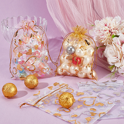 80Pcs 4 Colors Heart Printed Organza Bags OP-BBC0001-50A-1