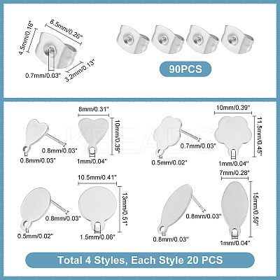 80Pcs 4 Style 304 Stainless Steel Stud Earring Findings and 90Pcs Ear Nuts STAS-UN0034-92-1