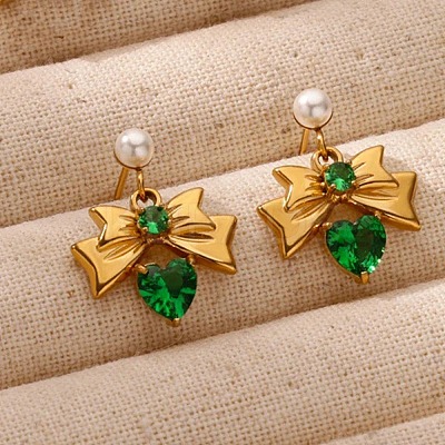 304 Stainless Steel Micro Pave Cubic Zirconia Bowknot Dangle Stud Earrings EJEW-U065-03G-02-1
