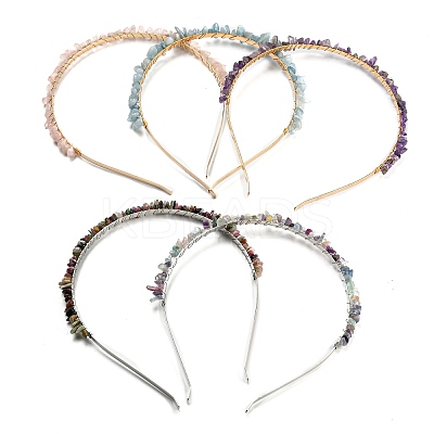 Brass Wire Wrapped Natural Gemstone Chip Hair Bands AJEW-Z010-04-1