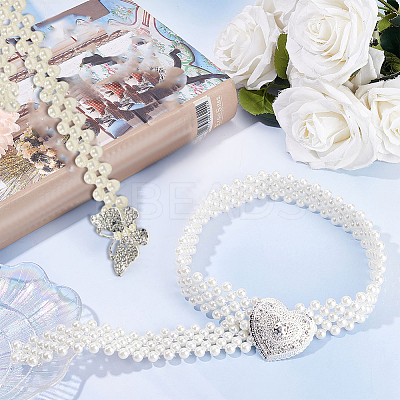 2Pcs 2 Style ABS Plastic Pearl Braided Stretch Chain Belts with Alloy Oval Clasp AJEW-CP0001-66-1