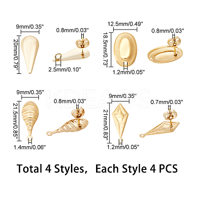 16Pcs 4 Style 304 Stainless Steel Stud Earring Findings STAS-AR0001-40-1