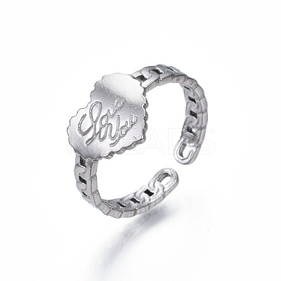 Non-Tarnish 304 Stainless Steel Heart with Word Love You Open Cuff Ring for Women RJEW-S405-261P-1