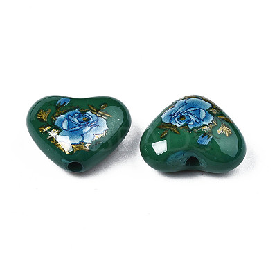 Flower Printed Opaque Acrylic Heart Beads SACR-S305-28-N02-1