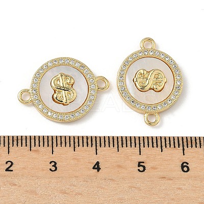 Brass Micro Pave Clear Cubic Zirconia and Natural Shell Flat Round with Dollar Sign Connector Charms KK-Z115-07G-1