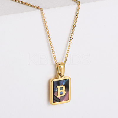 304 Stainless Steel Pave Natural Paua Shell Rectangle Initial Pendant Necklaces for Women FS-WG38E89-02-1