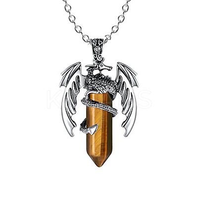 Natural Tiger Eye Bullet with Dragon Pendant Necklace with Zinc Alloy Chains PW-WG99720-01-1