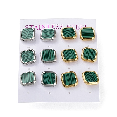 6 Pair 2 Color Square Synthetic Malachite Stud Earrings EJEW-A024-02-1