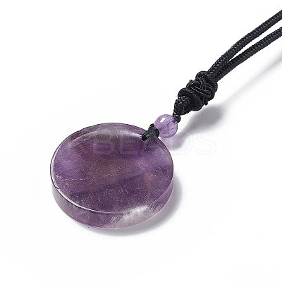 Natural Amethyst Flat Round with Flower of Life Pendant Necklace with Nylon Cord for Women NJEW-P274-02-02-1