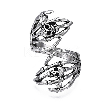 Gothic Punk Skull Hand Alloy Open Cuff Ring for Men Women RJEW-T009-57AS-1
