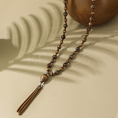 Bohemian Style Alloy with Wood Round Beaded Teardrop Tassel Mala Necklaces FS-WGF1DE6-01-1