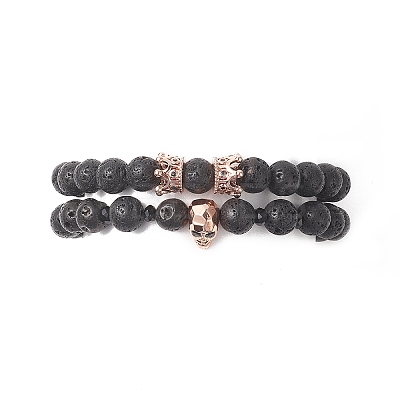 2Pcs 2 Style Natural Lava Rock & Brass Beaded Stretch Bracelets Set BJEW-JB09244-02-1