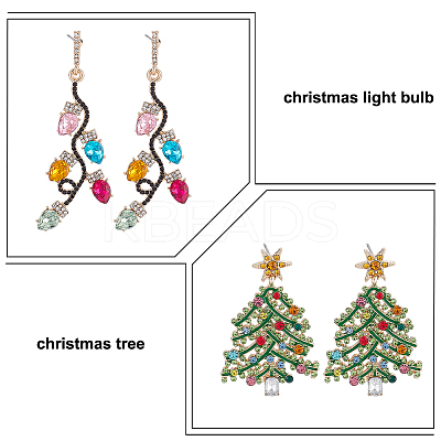 2 Pairs 2 Style Rhinestone Christmas Tree & Leaf Dangle Stud Earrings EJEW-AN0001-99-1
