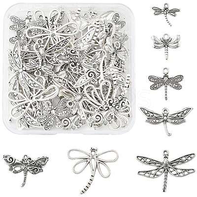 50Pcs 7 Styles Tibetan Style Alloy Dragonfly Pendants TIBEP-FS0001-43-1