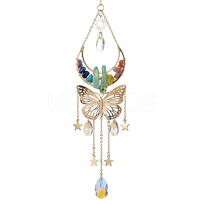 Butterfly & Moon Brass & 304 Stainless Steel Hanging Suncatchers HJEW-TA00162-1