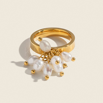 304 Stainless Steel with Natural Freshwater Pearl Finger Rings for Women AG0795-1