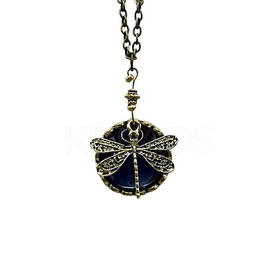 Bohemian Flat Round with Dragonfly Pattern Alloy Dark Cyan Glass Pendant Necklaces for Women FS-WG33723-01-1