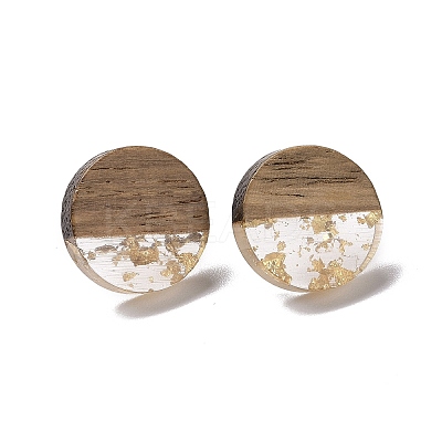 Resin & Walnut Wood Flat Round Stud Earrings with 304 Stainless Steel Pin for Women EJEW-TAC0021-05B-1