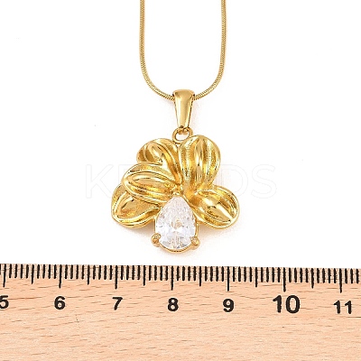 304 Stainless Steel Pave Clear Cubic Zirconia Flower Pendant Necklaces NJEW-H088-04G-1