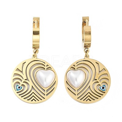Left and Right Flat Round with Heart 304 Stainless Steel Dangle Earrings EJEW-L283-073G-1