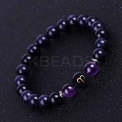 Aries Round Synthetic Blue Goldstone & Natural Amethyst Stretch Bracelets for Women Men EA3132-7-1