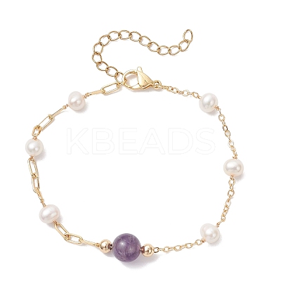 Round Natural Gemstone & Shell Pearl Beads Link Bracelets BJEW-JB12812-1
