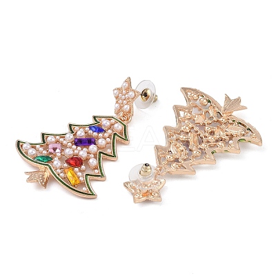 Christmas Tree Alloy Colorful Rhinestone & Plastic Pearl Dangle Stud Earrings for Women LS-EJEW-L203-09KCG-1
