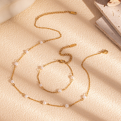 Simple and Elegant 304 Stainless Steel & Natural Freshwater Pearl Link Chain Bracelets & Necklaces Set for Women FO7311-1-1