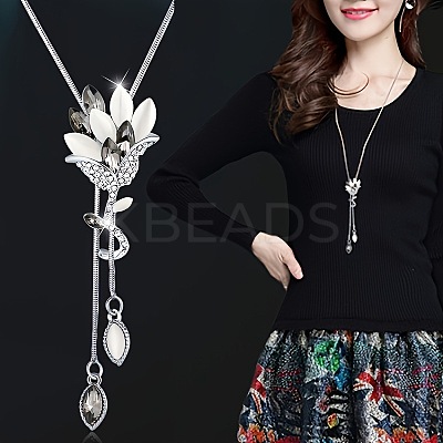 Flower Alloy Rhinestone Y Tassel Long Necklaces for Women FS-WGCC889-02-1