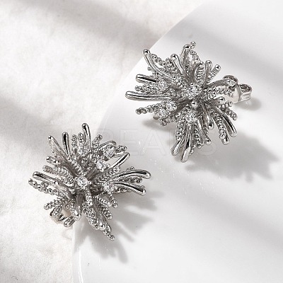 Flower Brass Micro Pave Clear Cubic Zirconia Stud Earrings EJEW-H171-01A-P-1