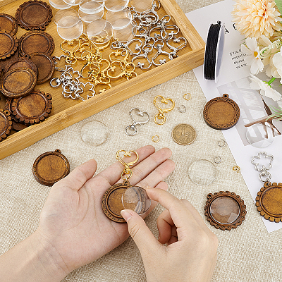 DIY Blank Dome Wood Flat Round Pendant Keychain Kits DIY-GA0007-43-1